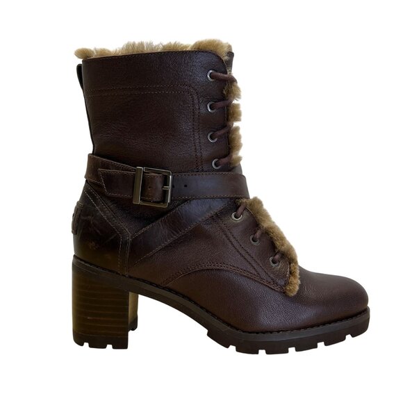 UGG Ingrid Women’s Brown Leather & Real Fur Lining Side Zipper Heeled Boots Sz 7 - Picture 1 of 11